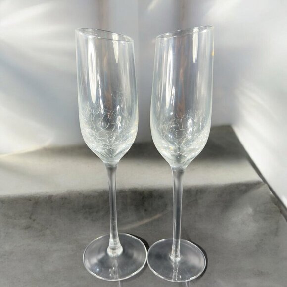 Pier 1 Clear Glass Crackle Angled Rim Goblet Drinking Glasses Cups Flutes Set  2 - Picture 1 of 11